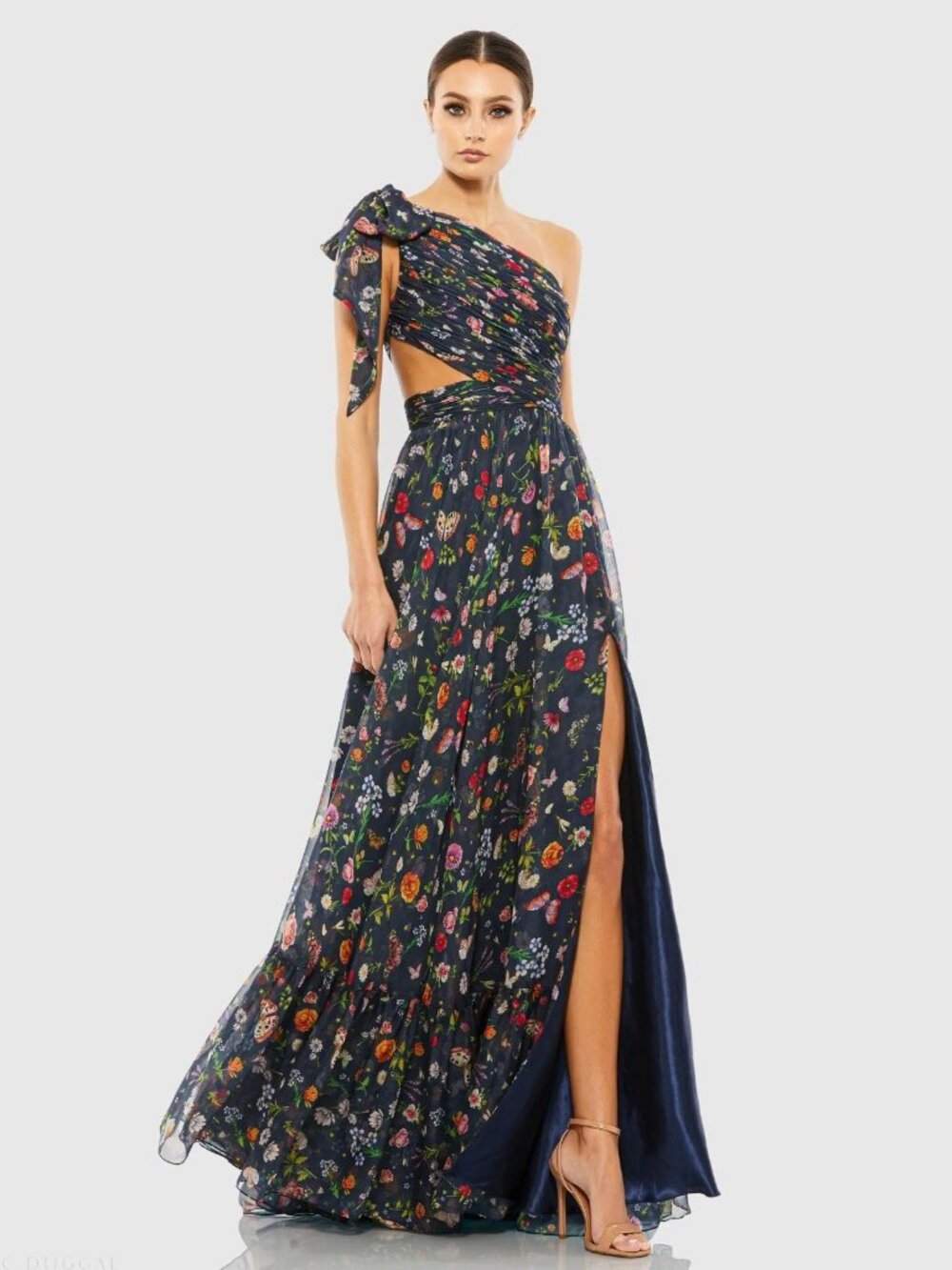 MAC DUGGAL Size 0 Navy 67938 Floral Tied One Shoulder Cut-Out Flowy Gown Dress